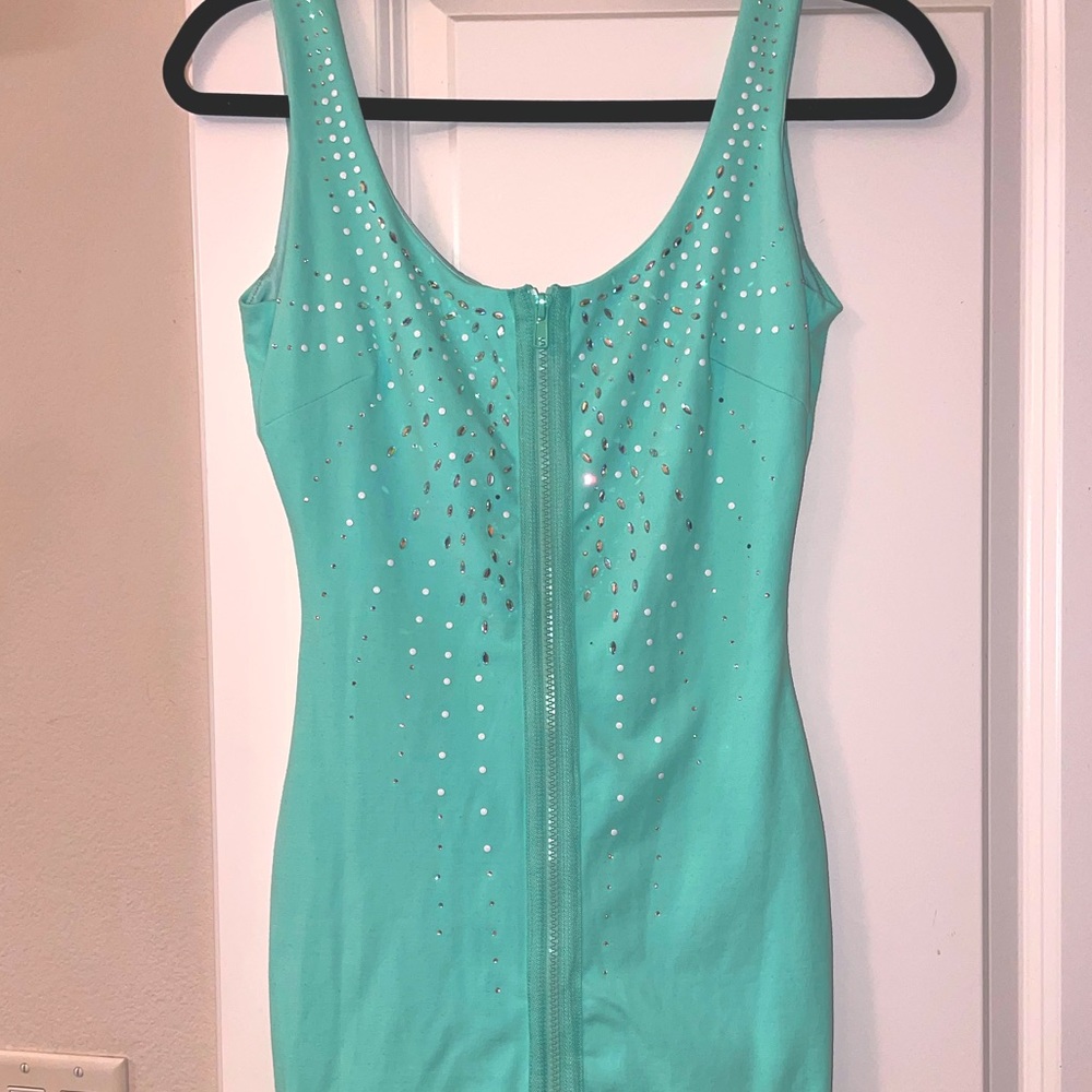 BEBE TEAL DRESS WITH RHINESTONES